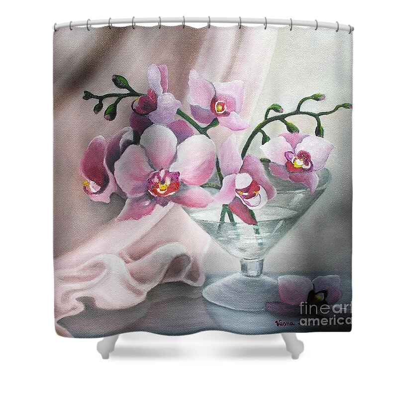 Still Life Shower Curtain featuring the painting Orchids by Vesna Martinjak