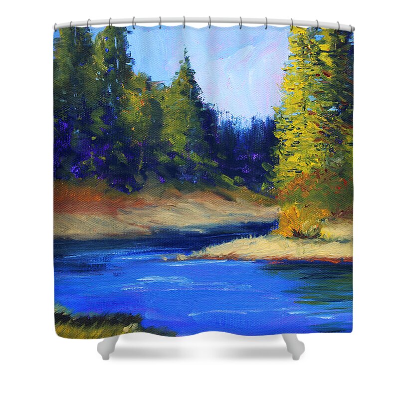 Oregon Shower Curtain featuring the painting Oregon River Landscape by Nancy Merkle
