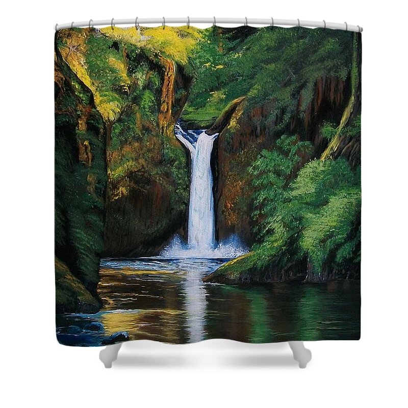 Waterfalls Shower Curtain featuring the painting Oregon's Punchbowl Waterfalls by Sharon Duguay