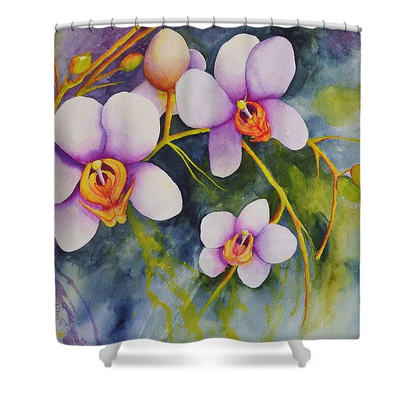 Piston Shower Curtain featuring the painting Orchids in my Garden by Jane Ricker