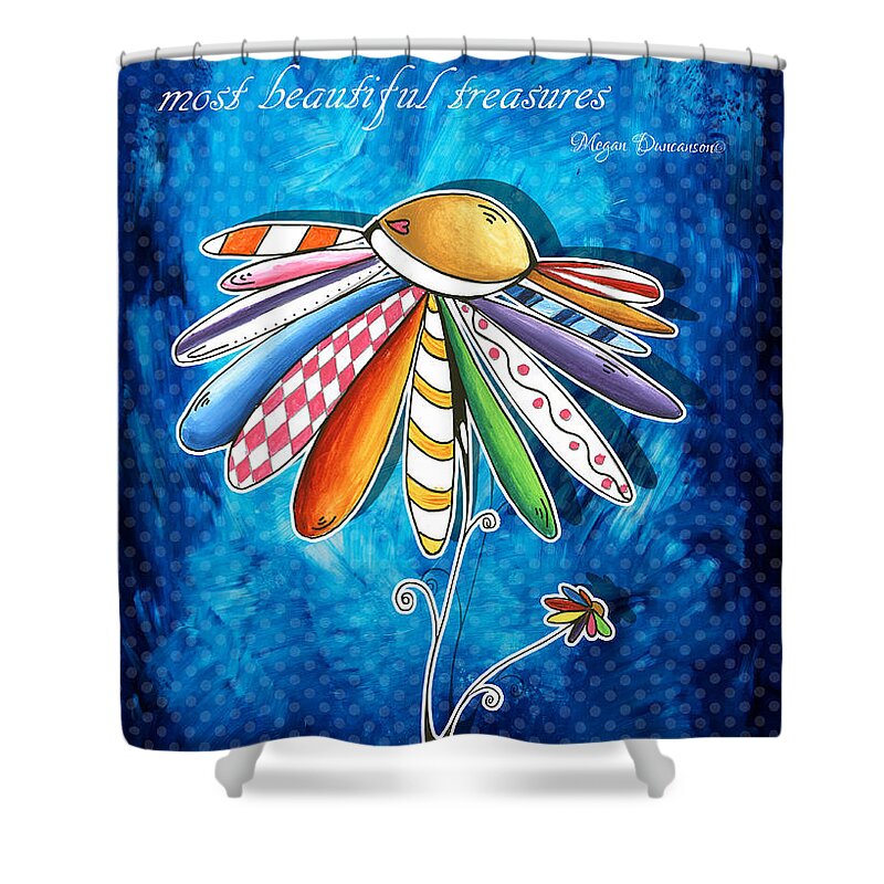 Daisy Shower Curtain featuring the painting Original Hand Painted Daisy Quilt Painting Inspirational Art Quote by Megan Duncanson by Megan Aroon