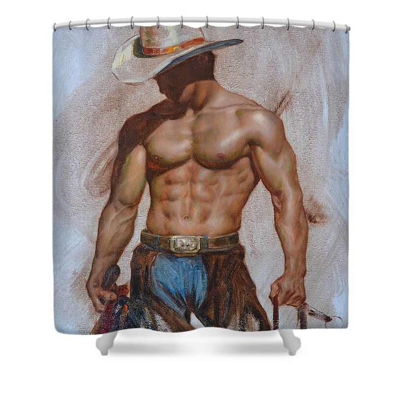 Original.oil Painting Shower Curtain featuring the painting Original Oil Painting Gay Man Body Art-cowboy#16-2-5-19 by Hongtao Huang