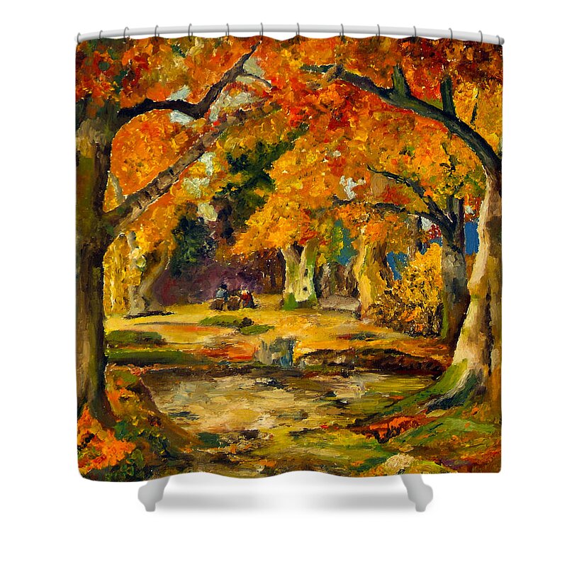 Landscape Shower Curtain featuring the painting Our Place in the Woods by Mary Ellen Anderson