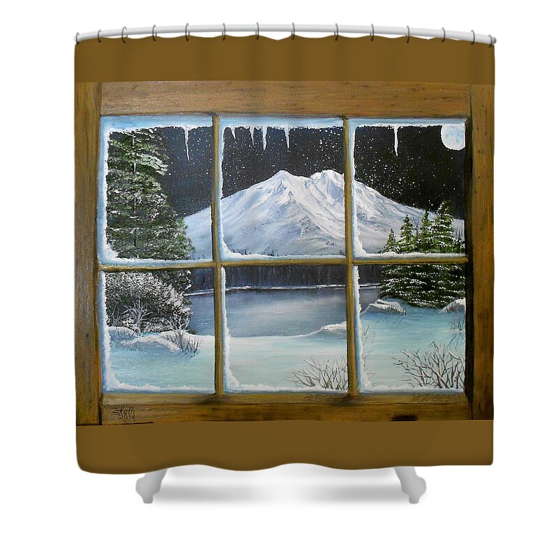 Window Shower Curtain featuring the painting Out My Window-Bright Winter's Night by Sheri Keith