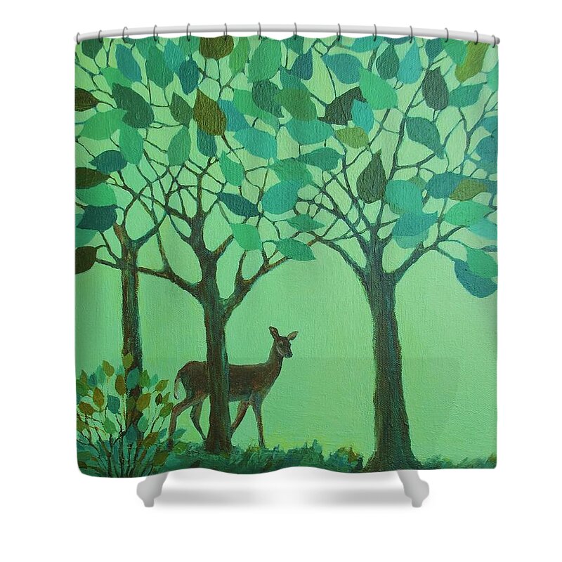 Landscape Shower Curtain featuring the painting Out of the Forest by Mary Wolf