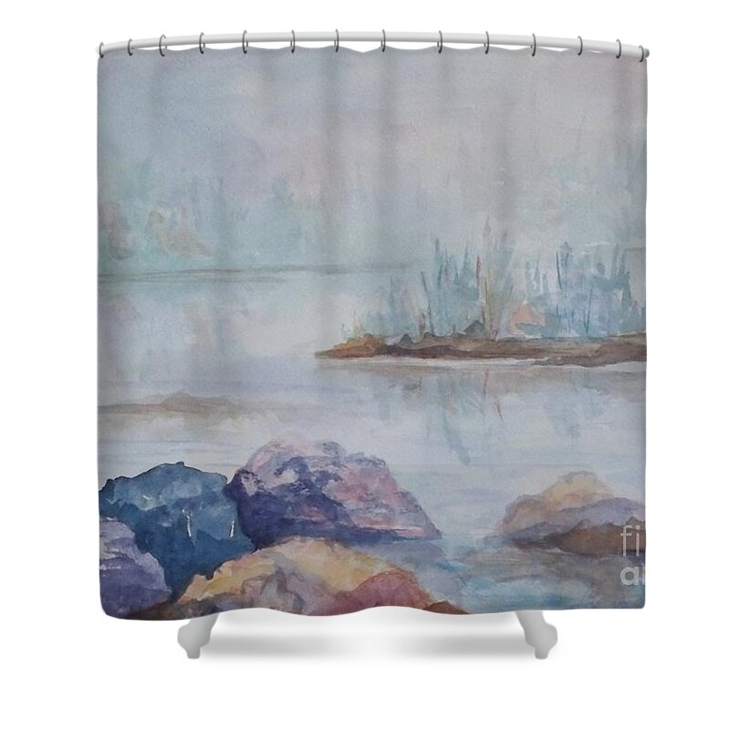 Rocks Shower Curtain featuring the painting Out of the Mist by Ellen Levinson