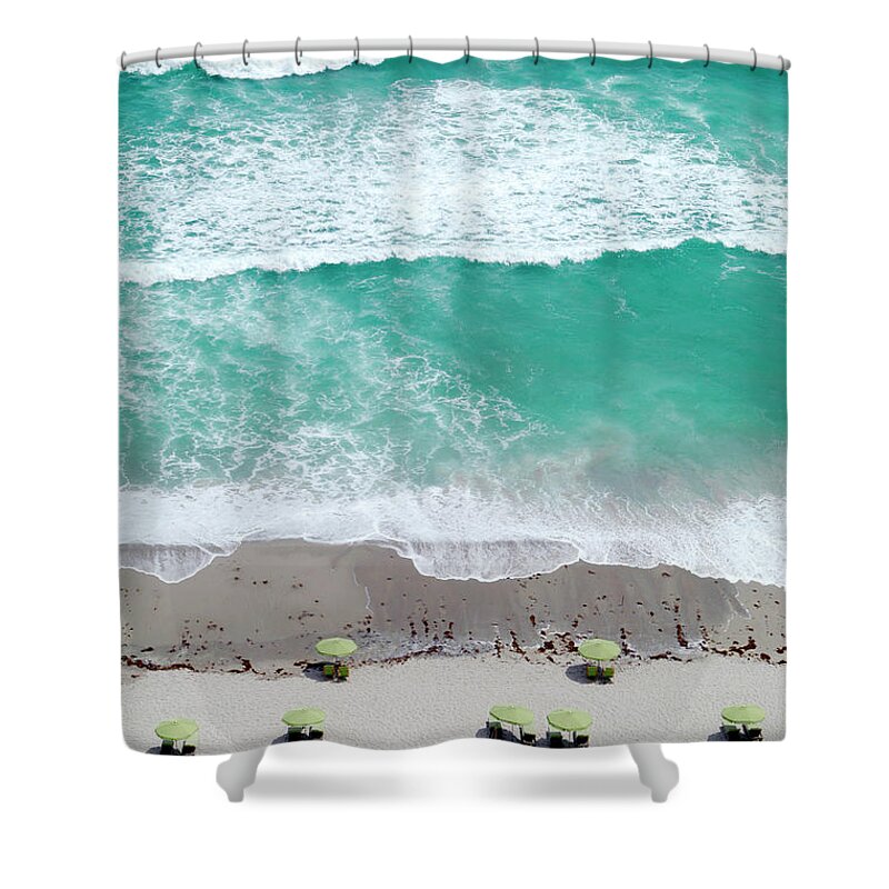 Vacations Shower Curtain featuring the photograph Overhead Wide Angle Of The Beach by Bauhaus1000