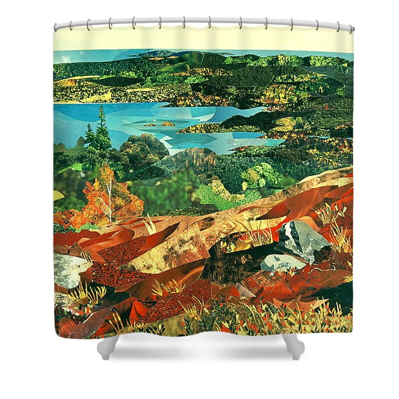 Maine Shower Curtain featuring the mixed media Overlooking the Bay by Robin Birrell