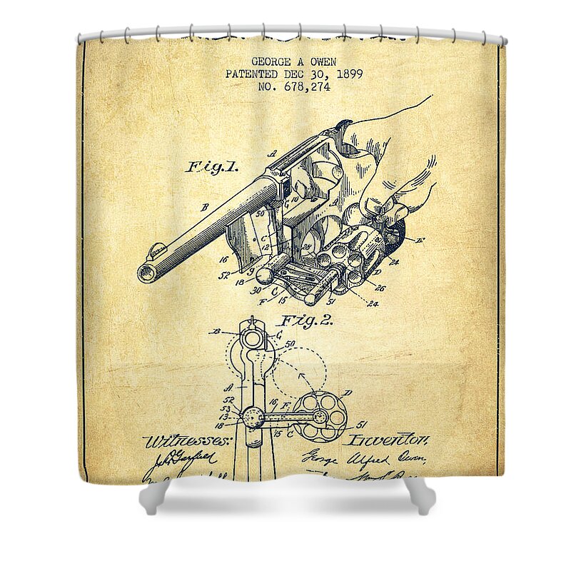 Revolver Patent Shower Curtain featuring the digital art Owen revolver Patent Drawing from 1899- Vintage by Aged Pixel
