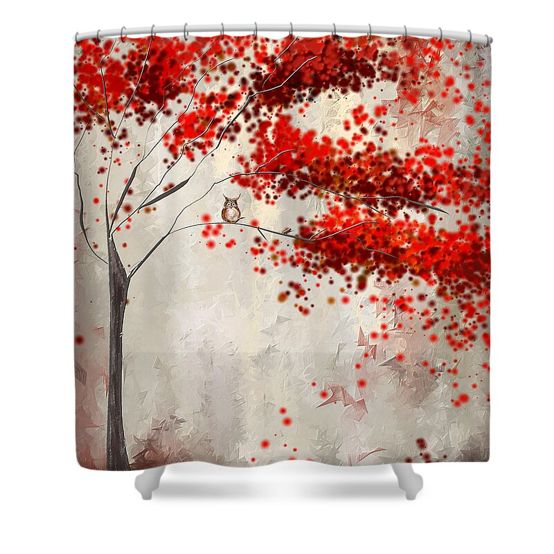 Gray And Red Art Shower Curtain featuring the painting Owl In Autumn by Lourry Legarde