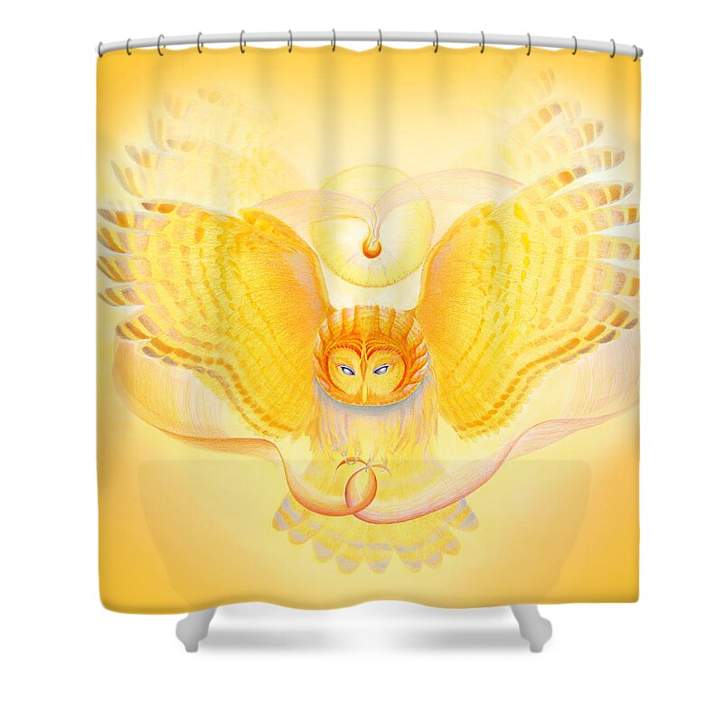 Owl Shower Curtain featuring the drawing Owl Touching the Medicine Song by Robin Aisha Landsong