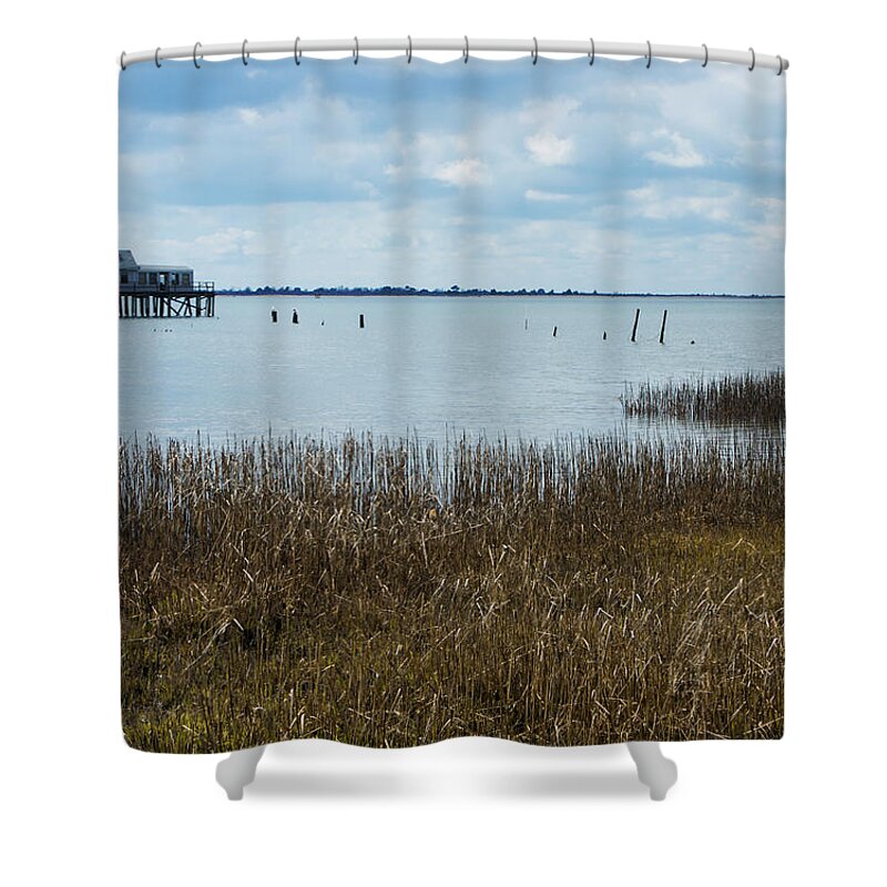 Assateague Shower Curtain featuring the photograph Oyster Shack and Tall Grass by Photographic Arts And Design Studio