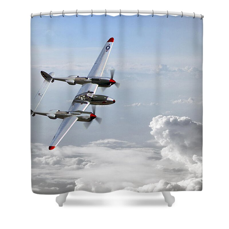 Lockheed P38 Lightning Shower Curtain featuring the digital art P38 Patrol by Airpower Art
