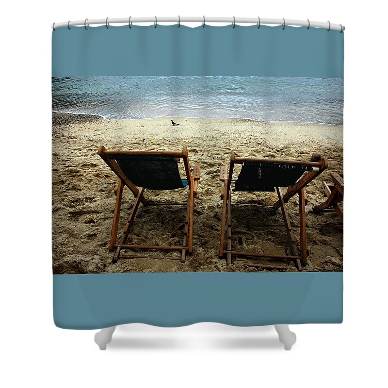 Favorite Sitting Spots Shower Curtain featuring the digital art Beach Chairs For Two And A Bird by Pamela Smale Williams