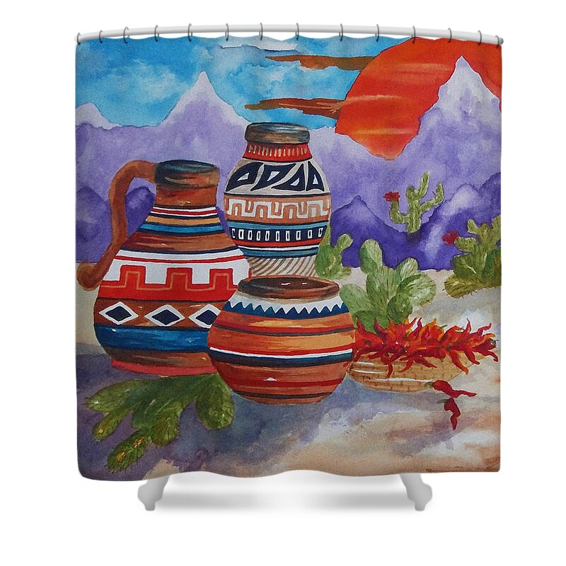 Desert Shower Curtain featuring the painting Painted Pots and Chili Peppers by Ellen Levinson
