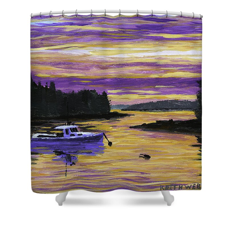 Lobsterboat Shower Curtain featuring the painting Lobster Boat In Port Clyde Maine at Sunset by Keith Webber Jr
