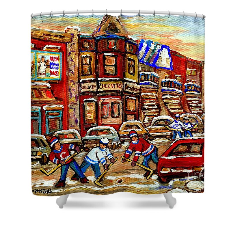 Montreal Shower Curtain featuring the painting Paintings Of Fairmount Bagel Street Hockey Game Near Chez Vito Montreal Art Winter City Cspandau by Carole Spandau
