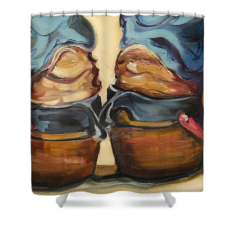 Western Art Oil Painting Shower Curtain featuring the painting Pair of Boots by Diane Whitehead
