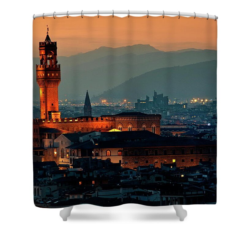 Tranquility Shower Curtain featuring the photograph Palazzo Vecchio At Dusk by Photo Art By Mandy