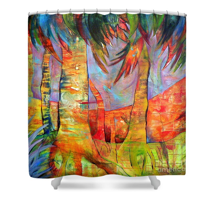 Landscape Shower Curtain featuring the painting Palm Jungle by Elizabeth Fontaine-Barr