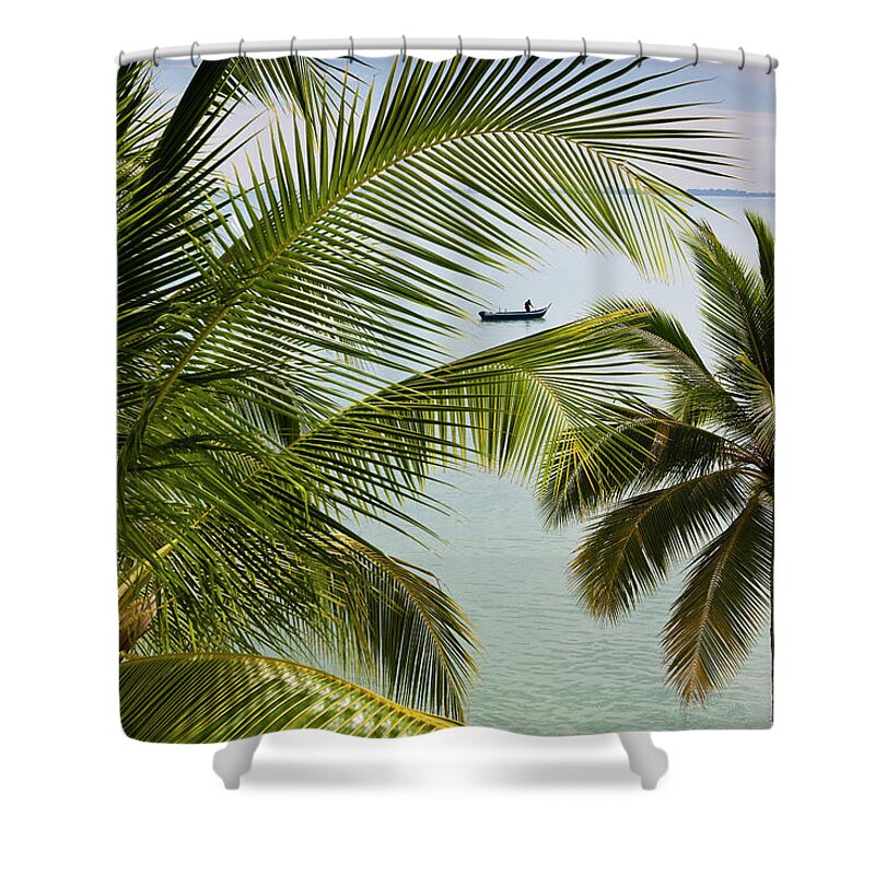 Southeast Asia Shower Curtain featuring the photograph Palm Trees And Fisherman In Boat On by Richard I'anson