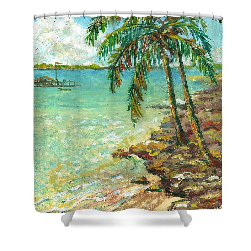 Palms On Point Of Rocks Shower Curtain featuring the painting Palms on Point of Rocks by Lou Ann Bagnall