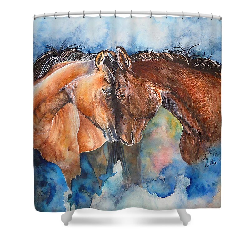 Horses Shower Curtain featuring the painting Bonded by Kim Whitton