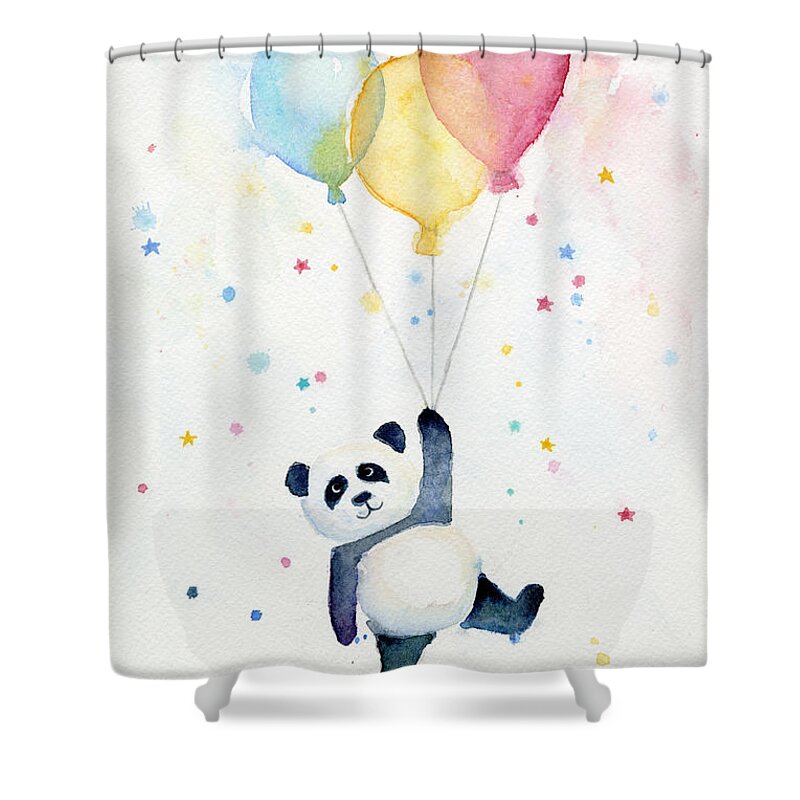 Panda Shower Curtain featuring the painting Panda Floating with Balloons by Olga Shvartsur