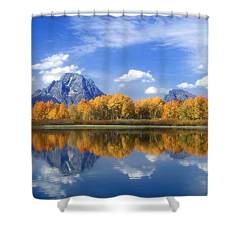 America Shower Curtain featuring the photograph Panorama Fall Morning at Oxbow Bend Grand Tetons National Park by Dave Welling