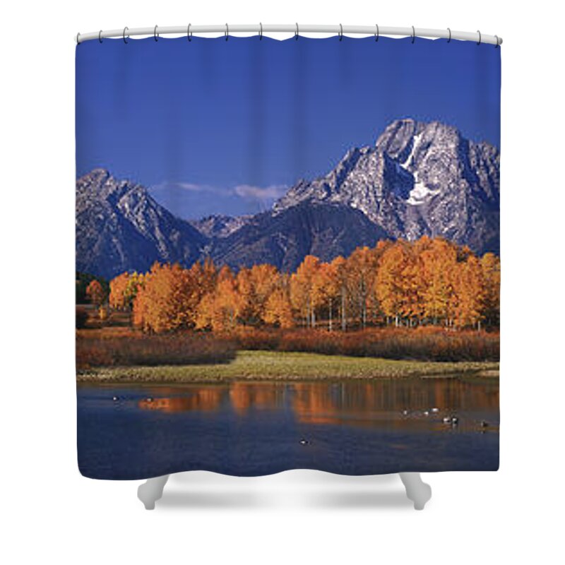 Grand Tetons National Park Shower Curtain featuring the photograph Panorama Fall Morning Oxbow Bend Grand Tetons National Park Wyoming by Dave Welling