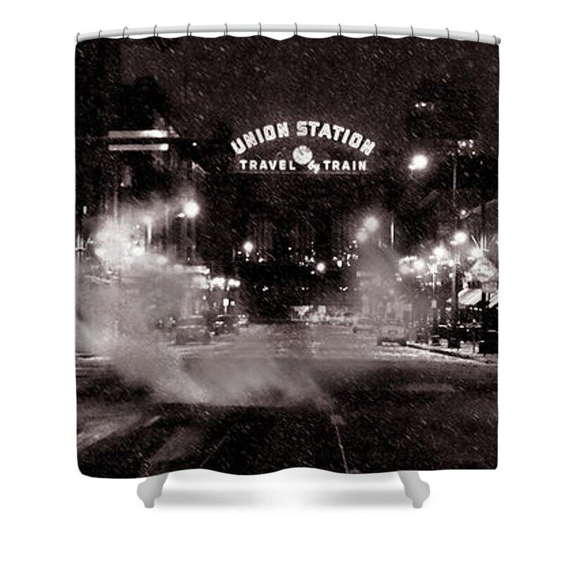 Denver Landscapes Shower Curtain featuring the photograph Panorama of Denver Union Station During Snow Storm by Ken Smith