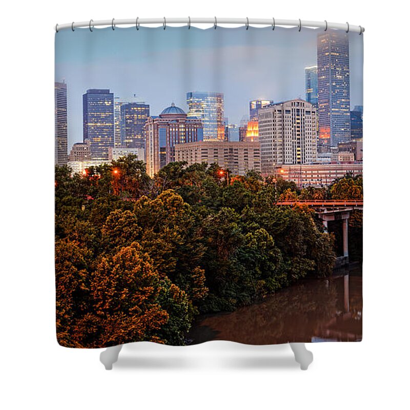 Downtown Houston Skyline Shower Curtain featuring the photograph Panorama of Downtown Houston at Dawn - Texas by Silvio Ligutti