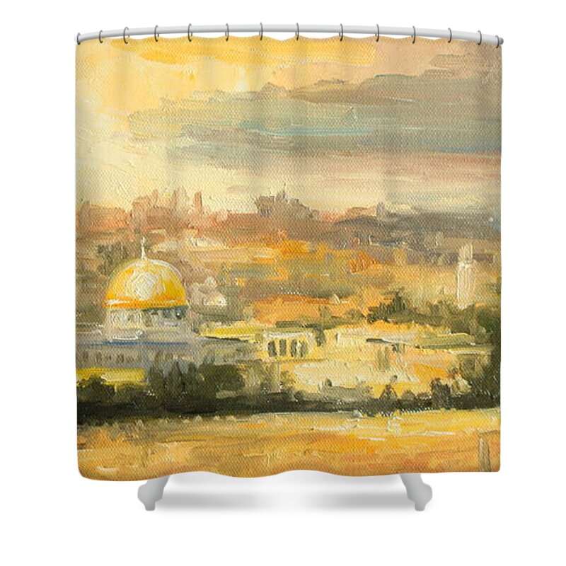 Jerusalem Shower Curtain featuring the painting Panorama of Jerusalem by Luke Karcz