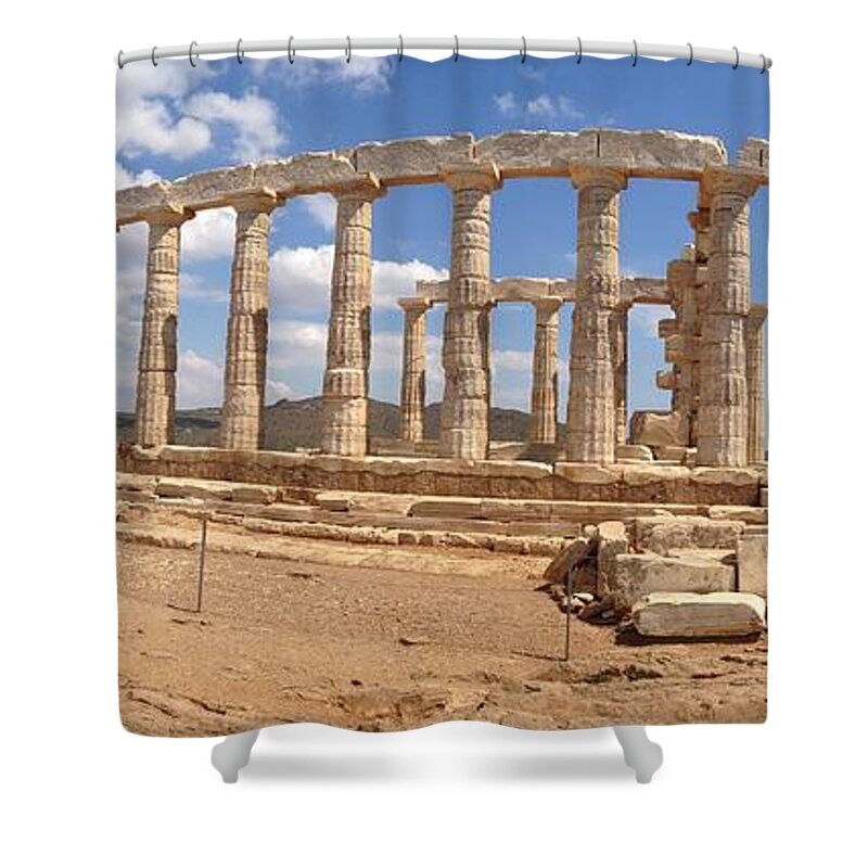 Temple Of Poseidon Shower Curtain featuring the photograph Panoramic Of The Temple Of Poseidon by Denise Railey
