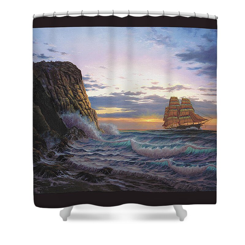 Ocean Shower Curtain featuring the painting Paradise Cove and the Lightning by Del Malonee