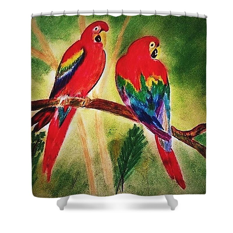Parakeets Shower Curtain featuring the pastel Parakeets in Paradise by Renee Michelle Wenker