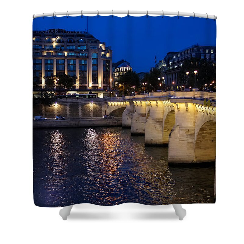 Paris Blue Hour Shower Curtain featuring the photograph Paris Blue Hour - Pont Neuf Bridge and La Samaritaine by Georgia Mizuleva