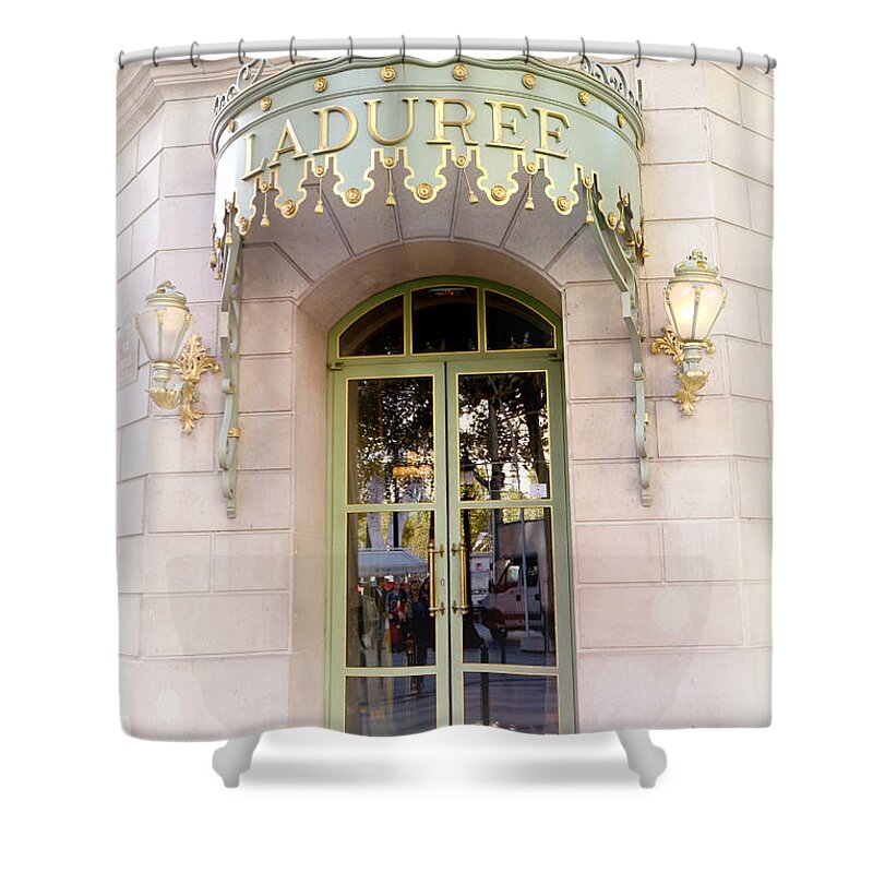 Paris Shower Curtain featuring the photograph Paris Laduree Door Architecture - Paris Laduree Pastel Architecture Paris Door - Laduree Door Paris by Kathy Fornal