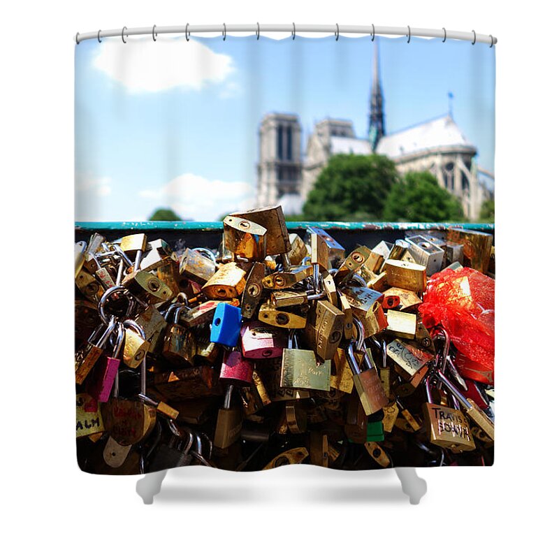 Paris Shower Curtain featuring the photograph Paris pont des arts Love Locks with Notre Dame in the background by Toby McGuire