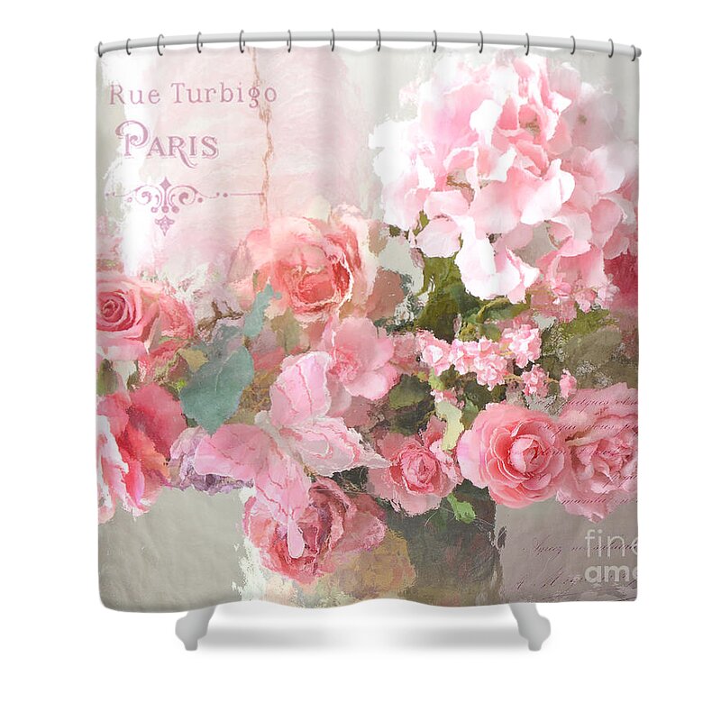 Roses Shower Curtain featuring the photograph Paris Shabby Chic Dreamy Pink Peach Impressionistic Romantic Cottage Chic Paris Flower Photography by Kathy Fornal