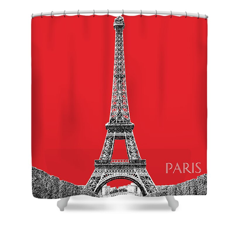 Architecture Shower Curtain featuring the digital art Paris Skyline Eiffel Tower - Red by DB Artist