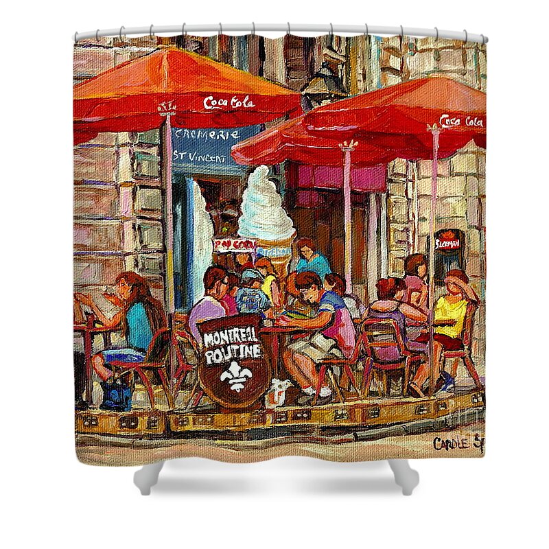 Montreal Shower Curtain featuring the painting Paris Style Sidewalk Cafe Paintings Le Cremerie Bar Vieux Port Montreal Poutine Red Bistro Umbrellas by Carole Spandau