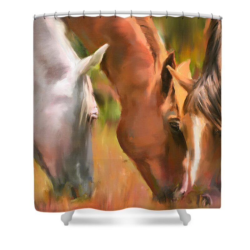 Horse Shower Curtain featuring the painting Pascolo by Greg Collins
