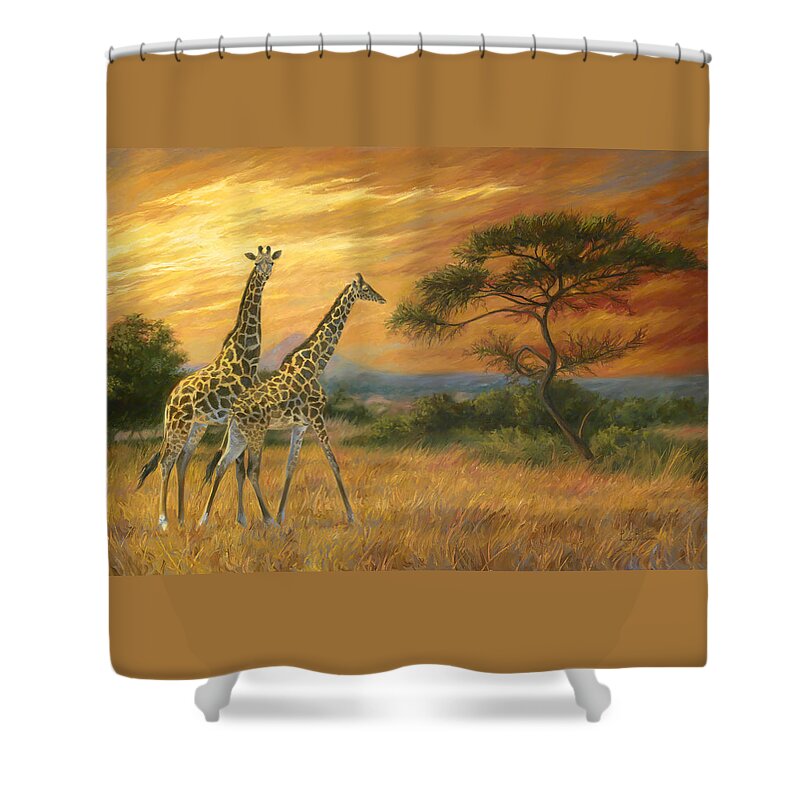 Giraffe Shower Curtain featuring the painting Passing Through by Lucie Bilodeau
