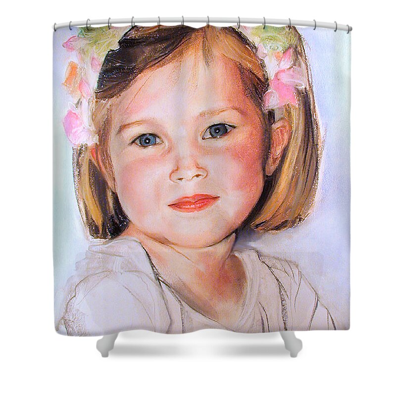 Pastel Portrait Of Young Girl Shower Curtain featuring the painting Pastel portrait of girl with flowers in her hair by Greta Corens