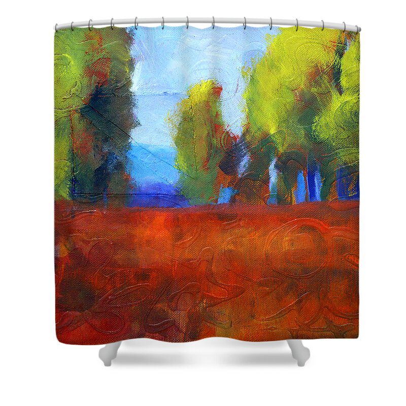 Abstract Landscape Shower Curtain featuring the painting Patching the Environment by Nancy Merkle