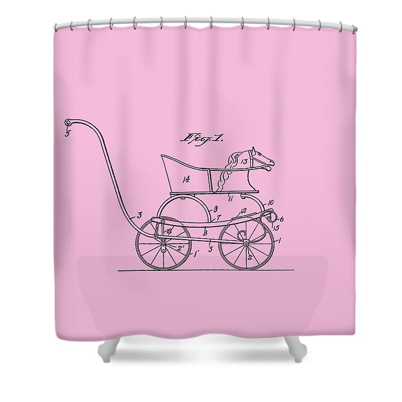 1921 Shower Curtain featuring the mixed media Patent Baby Carriage 1921 Smith Horse - Pink by Lesa Fine
