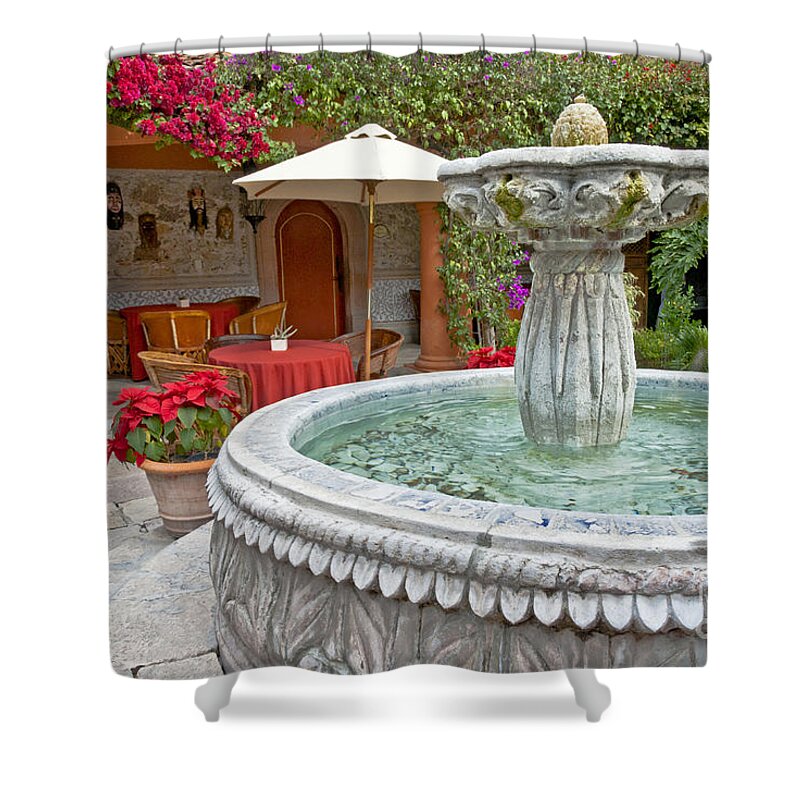 Patio Shower Curtain featuring the photograph Patio And Fountain by Richard & Ellen Thane