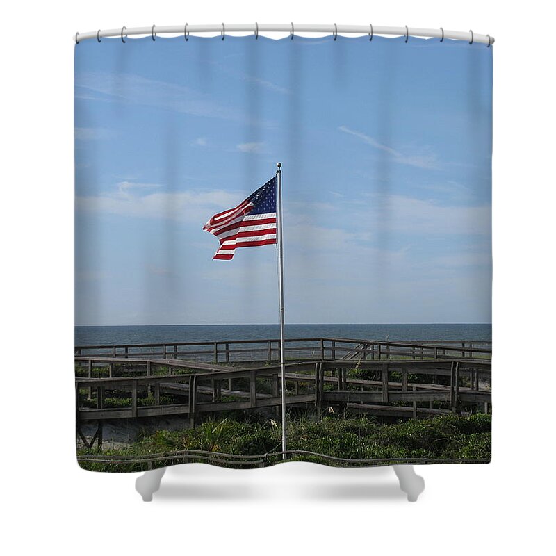 Flag Shower Curtain featuring the photograph Patriotic Beach View by Ellen Meakin