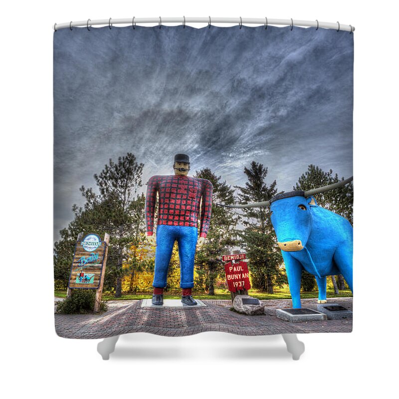 Paul Bunyan Shower Curtain featuring the photograph Paul Bunyan and Babe the Blue Ox in Bemidji by Shawn Everhart